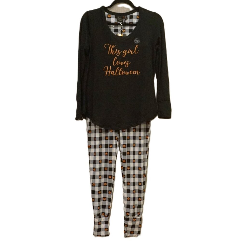 Spooky Night 2 Piece PJ Set Top “This Girl Loves Halloween” Plaid Bottoms Medium